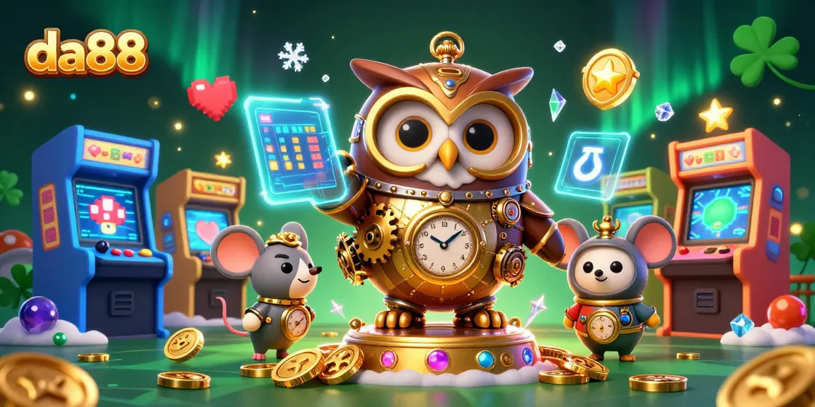 Play casino games like da88 with a lively steampunk owl and clockwork mouse illustration.