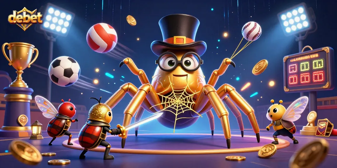 Engage with debet's thrilling moments alongside a golden tarantula and brave beetle knight in a vibrant casino.