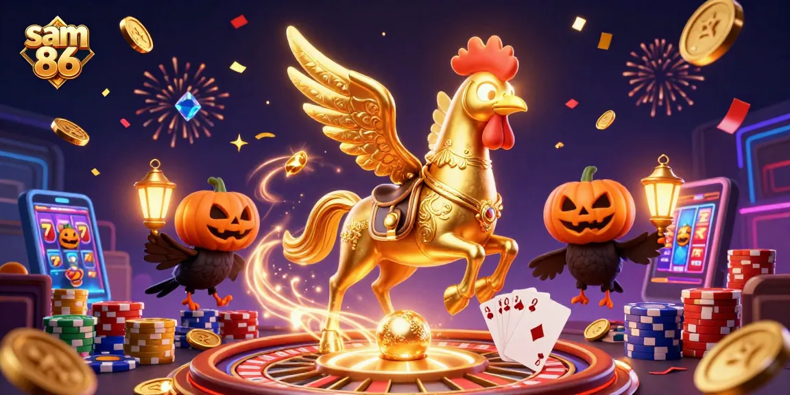 Engage in thrilling gameplay at sam 86, featuring golden roosters and festive casino elements.
