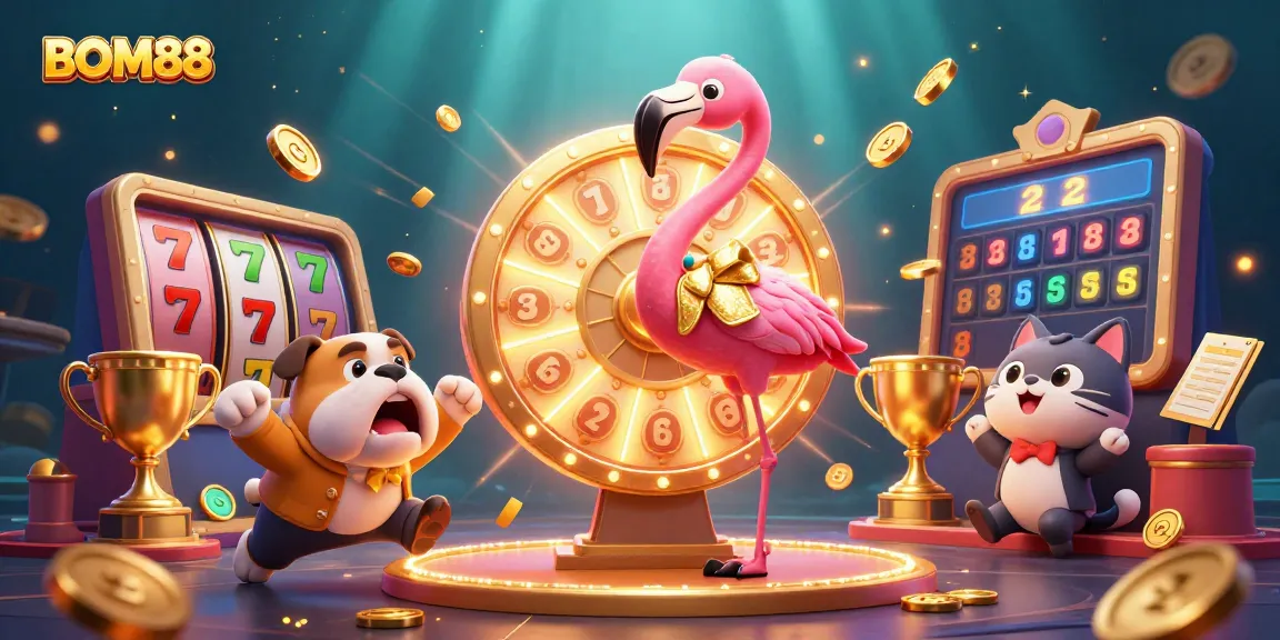 Experience thrilling slots and rewards with BOM88 in this dynamic casino illustration.