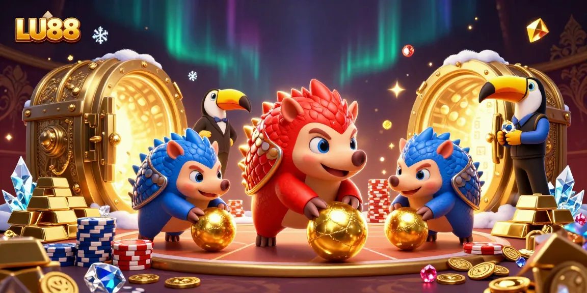 LU88 pangolins bowling through poker chips in a vibrant casino scene with confetti and treasure.