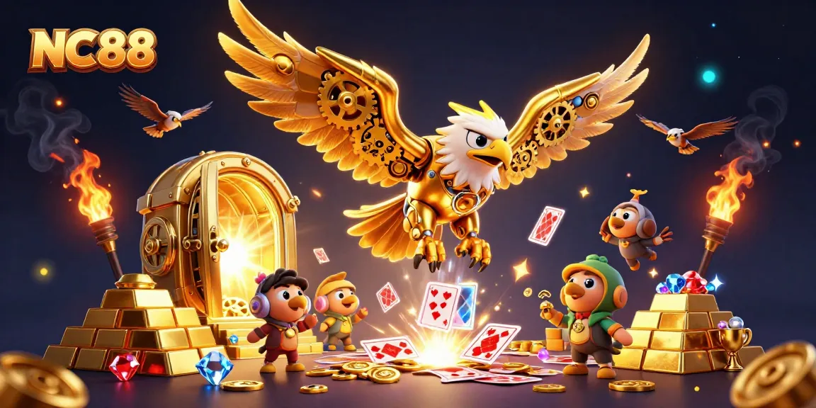 NC88 unveils an epic 3D scene of gaming excitement with a golden eagle amidst cascading cards and treasures.