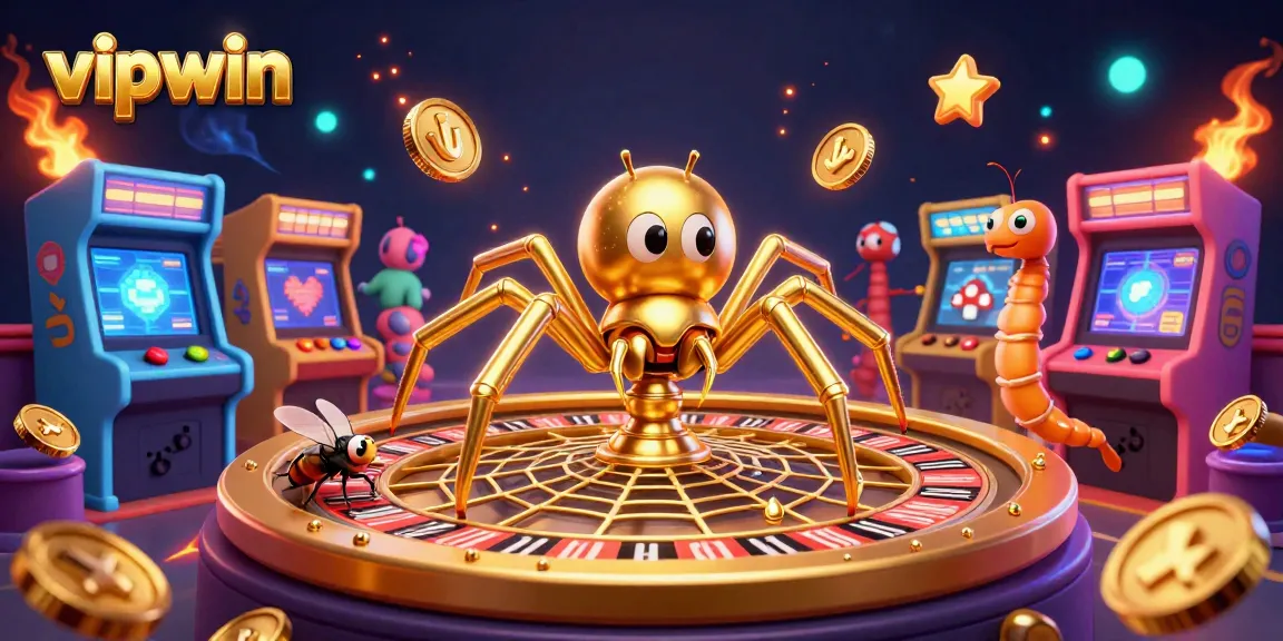 Bet on vipwin with excitement as a fly nervously wagers by a roulette-shaped spider web in a vivid casino
