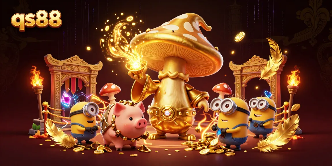 Experience the magic of qs88 with a golden mushroom wizard conjuring treasures in a vibrant casino scene.