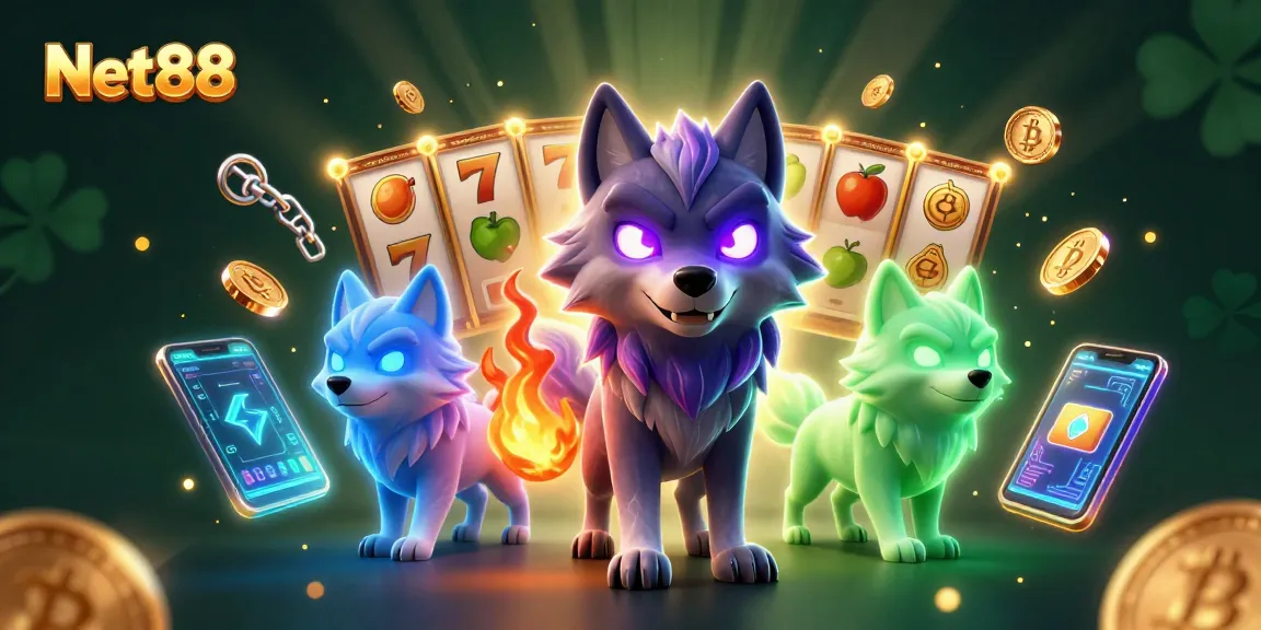 Play exciting slots with Net88's cartoon wolf pack and crypto elements in a vibrant scene.
