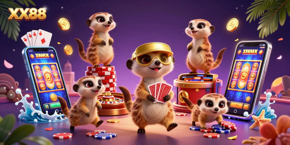 Engage in exciting games at XX88 casino with animated meerkats running a lively casino operation.