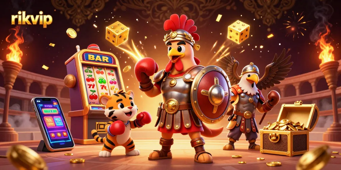 Experience thrilling gaming at rikvip with a dynamic 3D illustration of a rooster gladiator and vibrant casino elements.