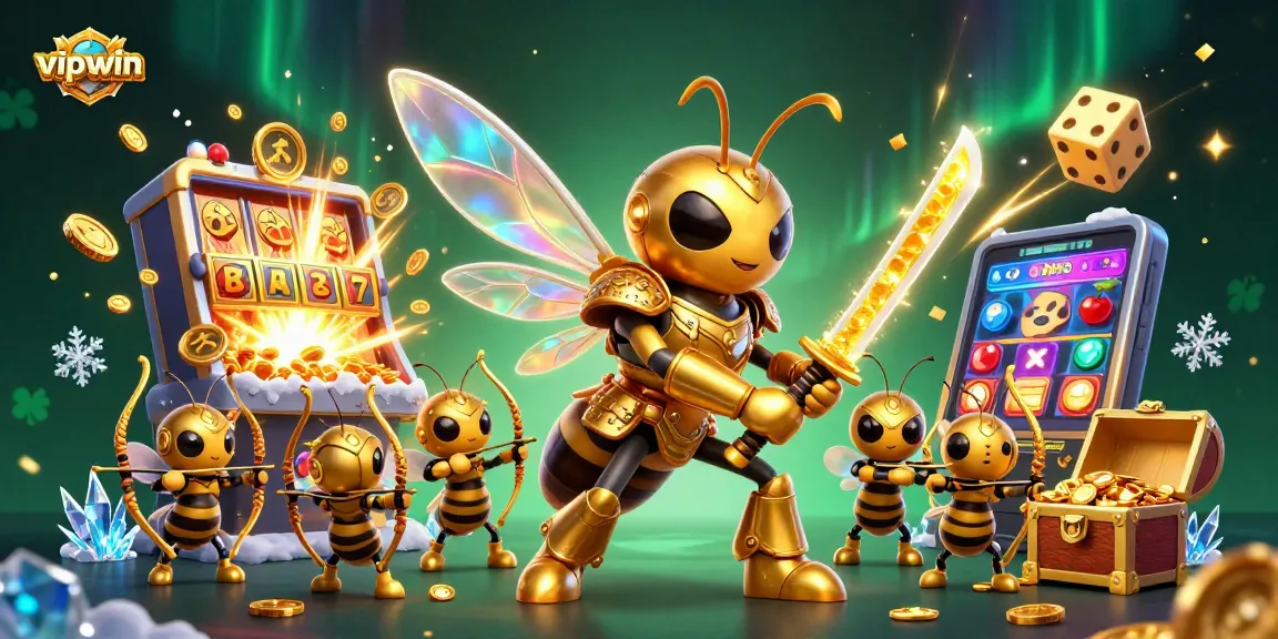 Experience thrilling wins at vipwin with a giant hornet samurai in a vibrant casino illustration.