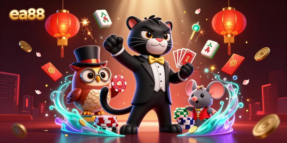 Experience thrilling gambling action with ea88 as the black panther elegantly deals cards surrounded by poker chips and exciting game elements.