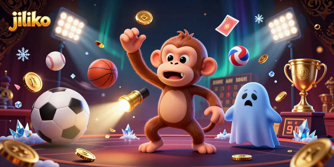 Engage with thrilling jiliko casino activities, featuring playful golden coins and a ghostly puppy tracking a poltergeist monkey.