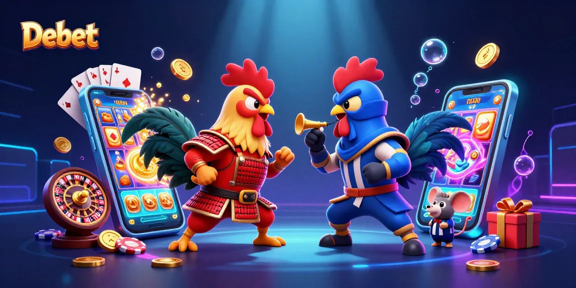 Debet showcases a dynamic scene with fighting roosters and gambling elements in a vibrant online casino.