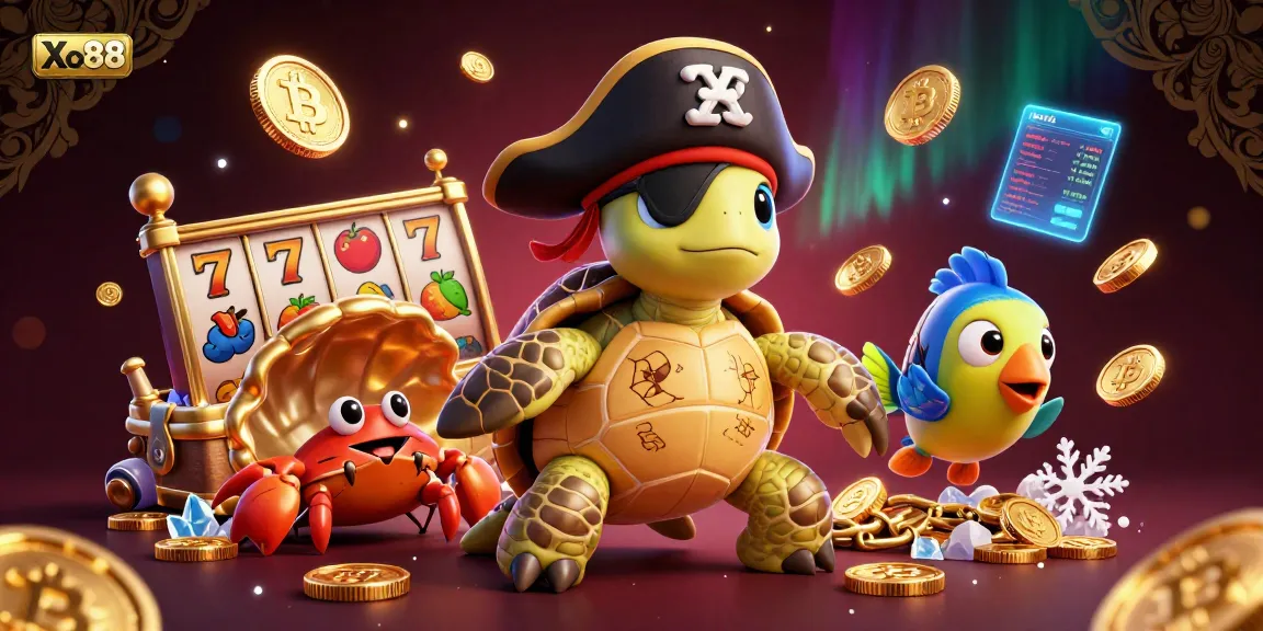 Xo88 engages players with a vibrant 3D casino scene featuring a pirate turtle and treasure symbols.