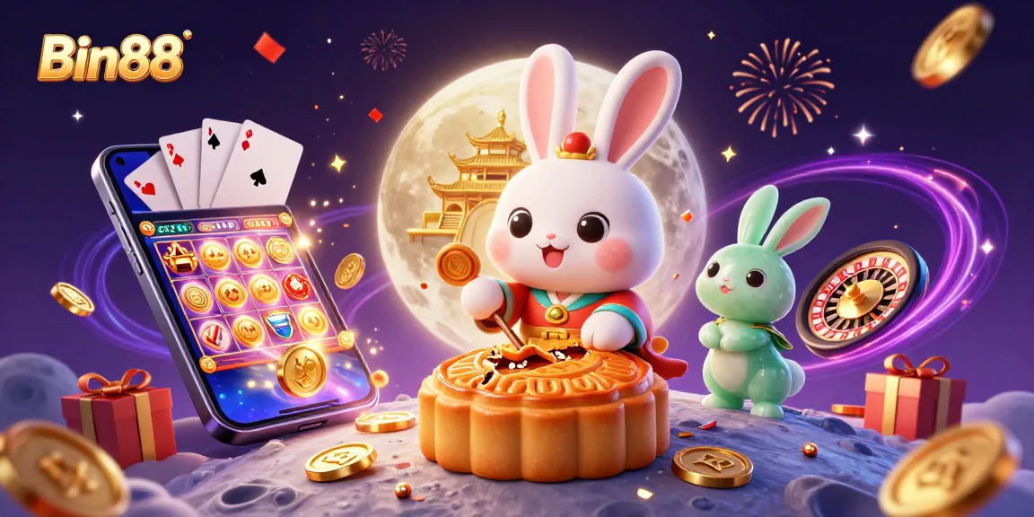Experience Bin88 magic with a moon rabbit revealing poker chips as celebration unfolds.