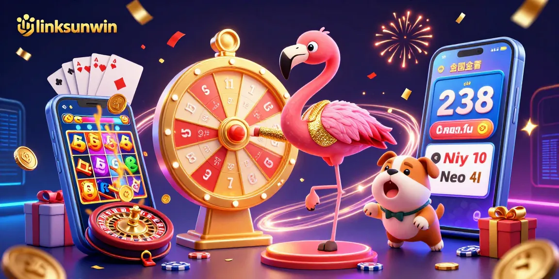 Spin with linksunwin at a vibrant casino game show, featuring colorful slot games and exciting prizes!