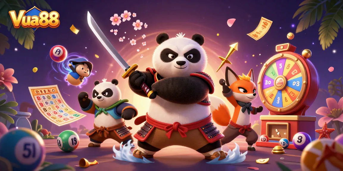 Experience the excitement of Vua88 with stunning 3D art featuring samurai panda and ninja fox.