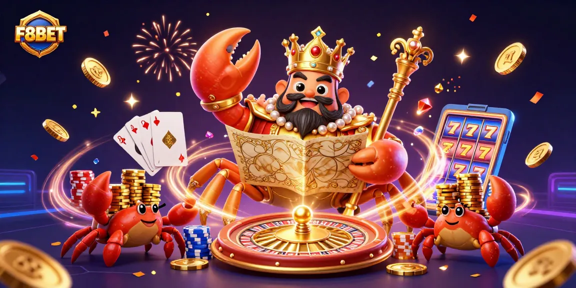 Spin the reels at F8BET with the golden crab emperor amidst dazzling casino treasures.