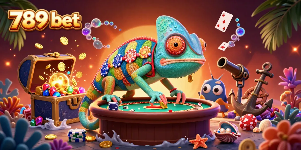 Win big with 789 bet as the chameleon casino owner seizes golden coins amidst vibrant gaming elements.