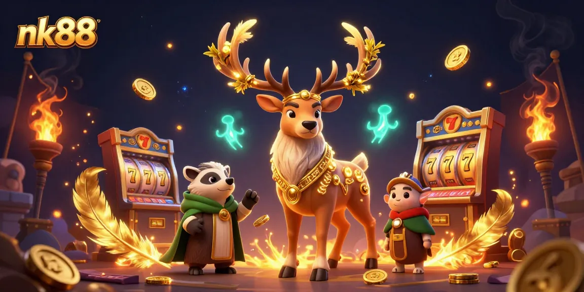 Engage with nk88's thrilling betting experience featuring a 3D druid stag and dynamic slot machine elements.