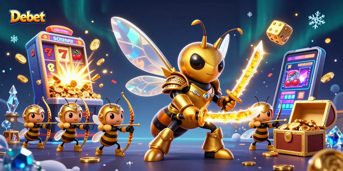 Debet showcases a vibrant 3D casino scene featuring golden hornet samurai amidst dynamic slot elements.