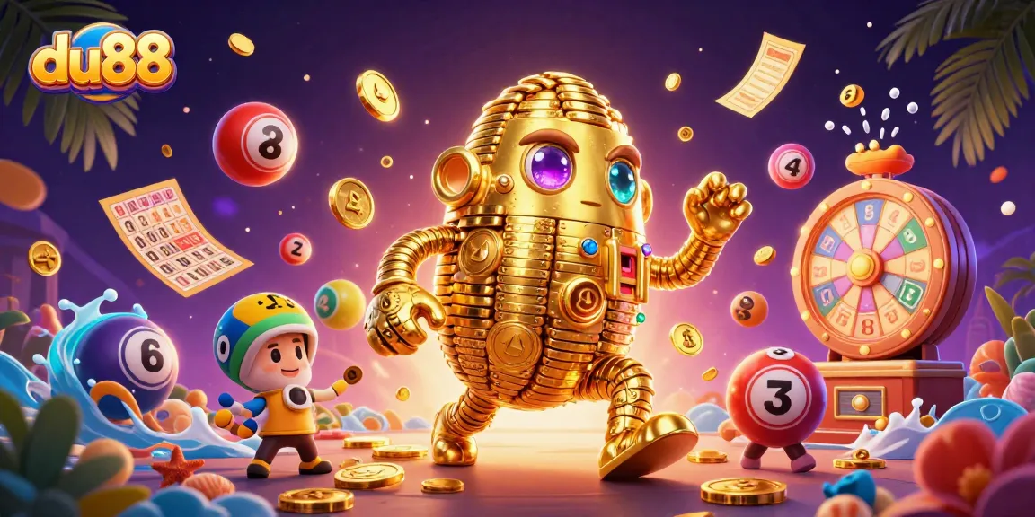 Engage with du88 through a vibrant scene of dynamic lottery elements and a magical golden golem.