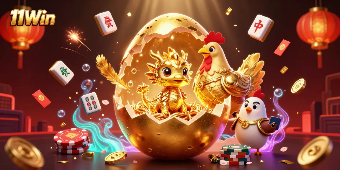 Engage with the vibrant world of 11Win as a golden dragon bursts from a cracking egg amidst poker chips.