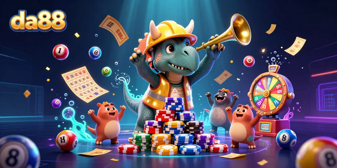 Engage in da88 casino excitement with a colorful scene of lively animated dinosaurs celebrating, packed with gambling elements.