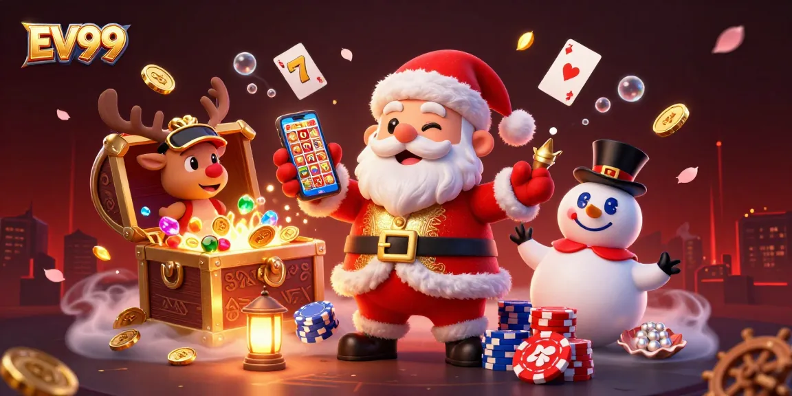 Join the excitement at EV99 as Santa celebrates wins with jackpot slots in a festive casino scene.