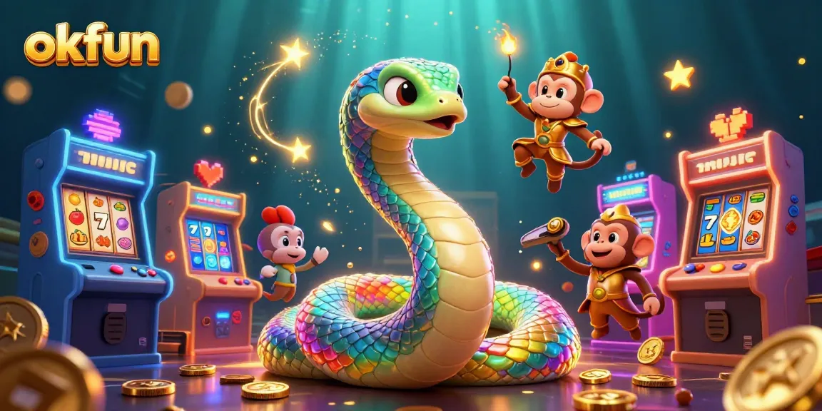 Join the exciting okfun slots adventure with a vibrant serpent, playful monkey, and glowing arcade elements.