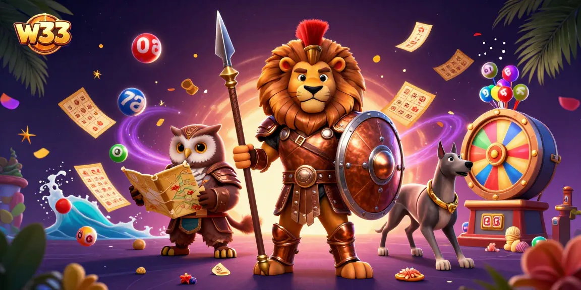 Join the excitement of w33, a vibrant casino scene with lucky lottery balls, a lion warrior, and dynamic elements.