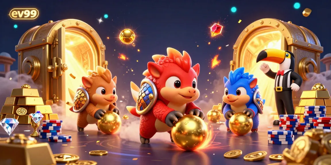 Experience excitement at ev99 with animated pangolins engaging in thrilling casino action amidst sparkling treasures.