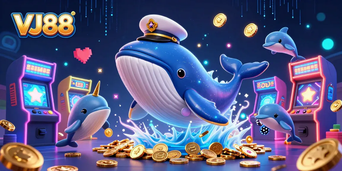 Play interactive games and win with VJ88 in this vibrant 3D casino-themed digital illustration.
